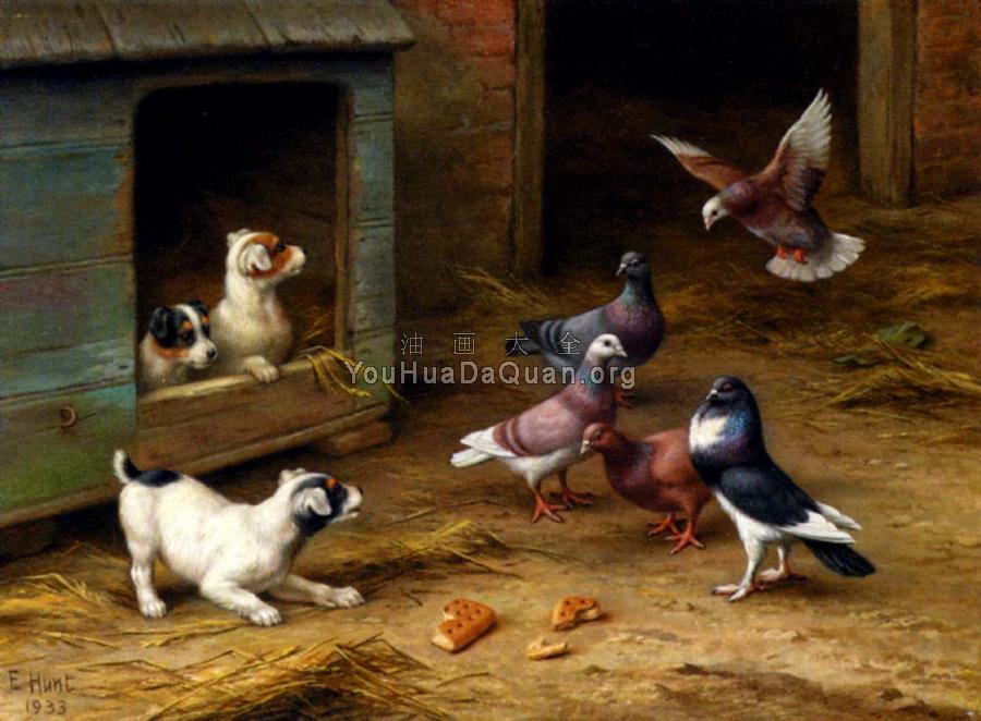 Puppies And Pigeons Playing By A Kennel - 埃德加·亨特
